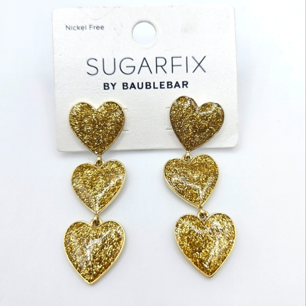 Baublebar Sugarfix 3 Hearts Dangle Earrings Gold Glimmer Sparkle NWT